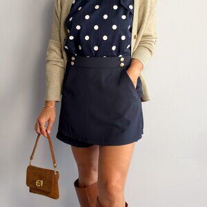 Women’s Navy Sailor Button Skort – High-Waisted Mini, Built-In Shorts, Pockets